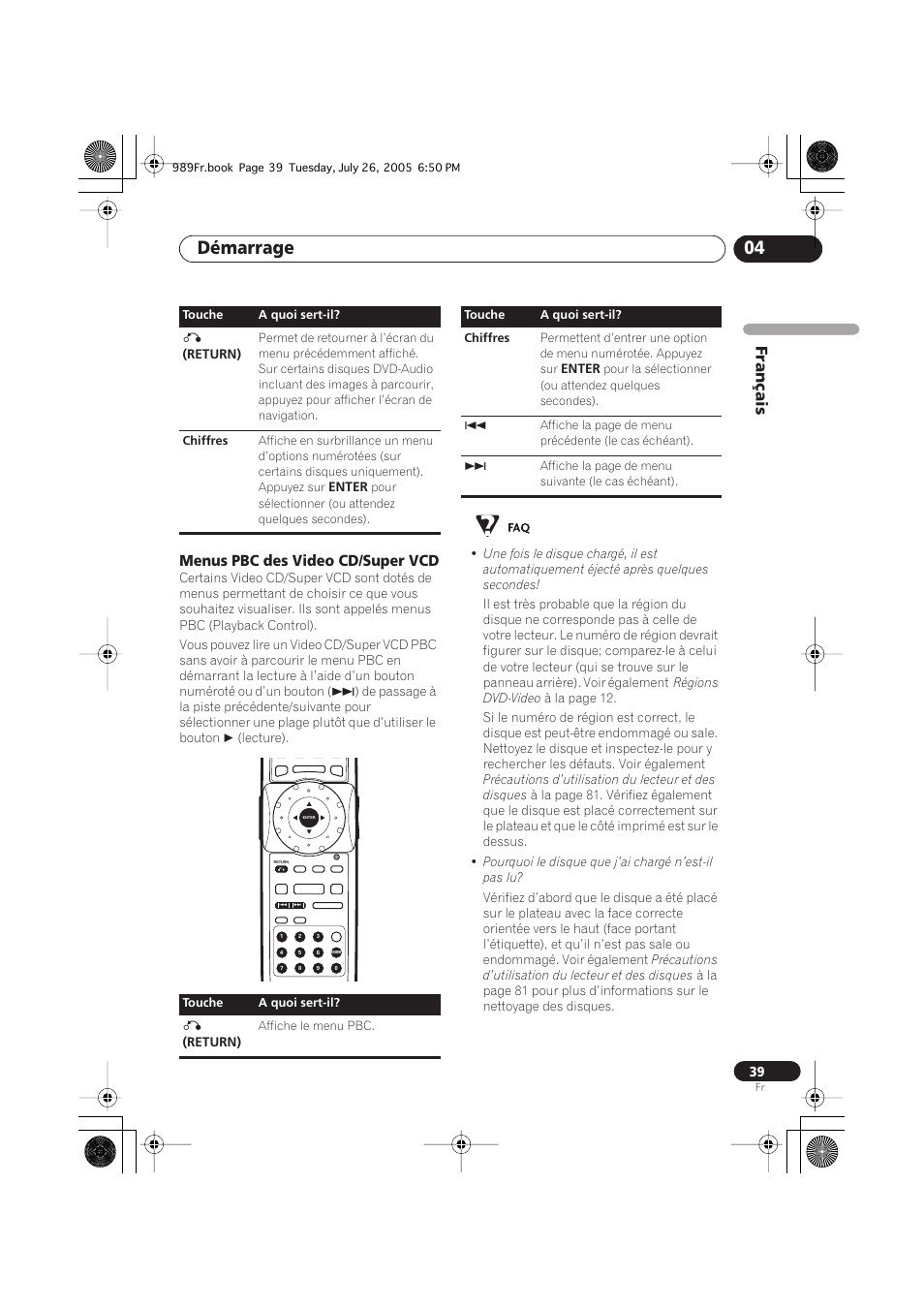 Menus pbc des video cd/super vcd, Démarrage 04, Français | Pioneer DV-989AVi-S User Manual | Page 39 / 204