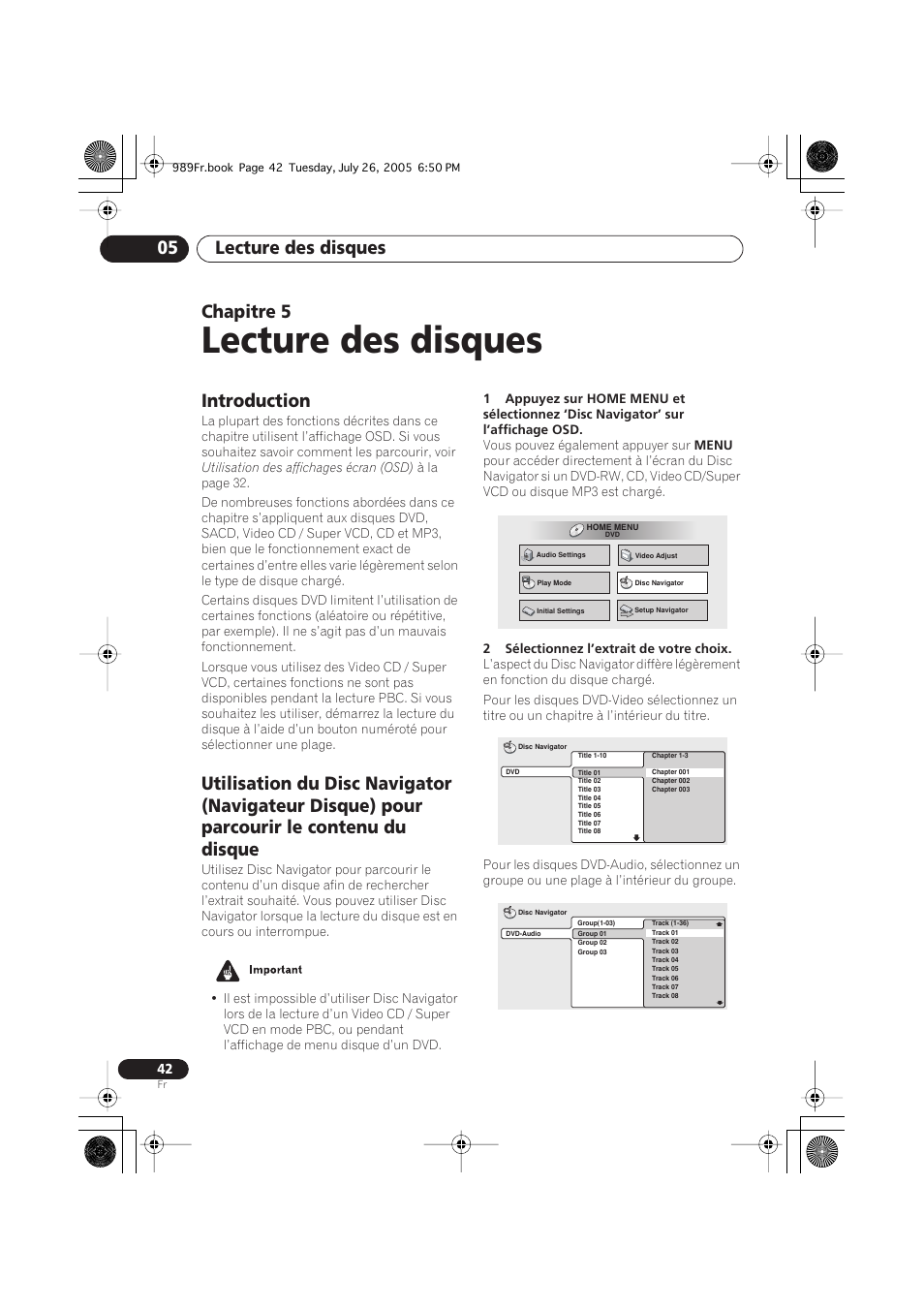 05 lecture des disques, Introduction, Lecture des disques | Lecture des disques 05, Chapitre 5 | Pioneer DV-989AVi-S User Manual | Page 42 / 204