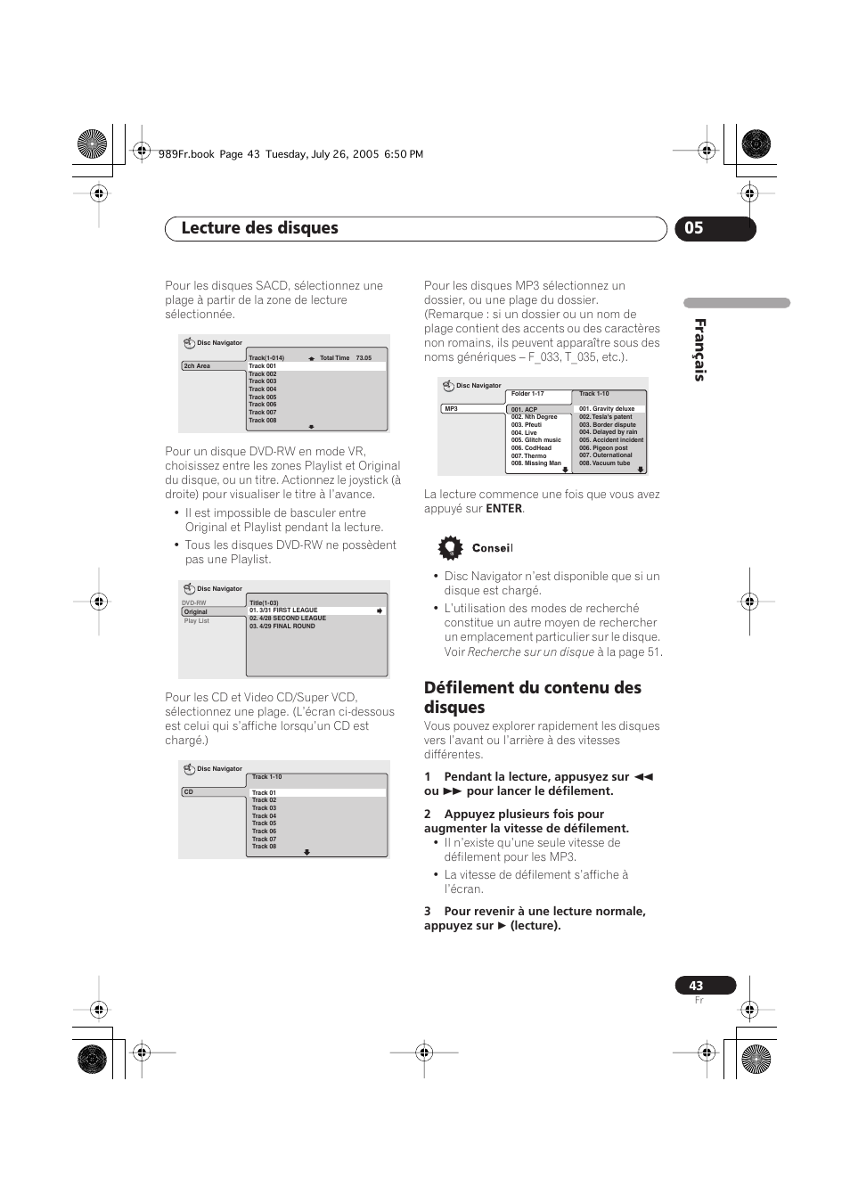 Défilement du contenu des disques, Lecture des disques 05, Français | Pioneer DV-989AVi-S User Manual | Page 43 / 204