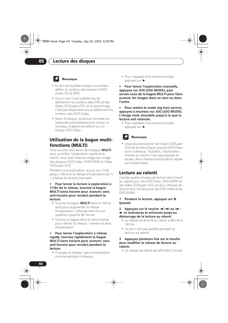 Utilisation de la bague multi-fonctions (multi), Lecture au ralenti, Lecture des disques 05 | Utilisation de la bague multi- fonctions (multi) | Pioneer DV-989AVi-S User Manual | Page 44 / 204