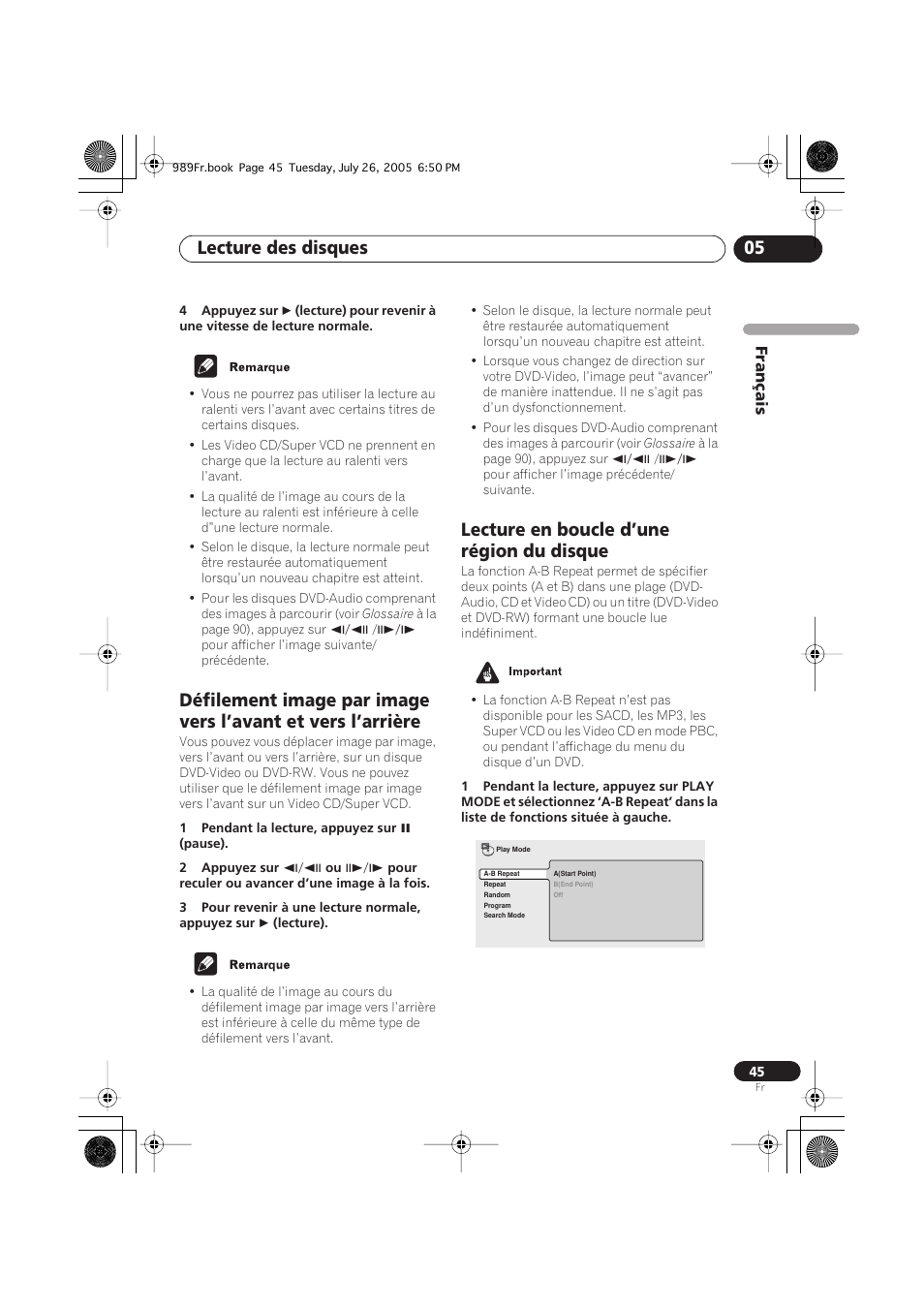 Lecture en boucle d’une région du disque, Lecture des disques 05 | Pioneer DV-989AVi-S User Manual | Page 45 / 204