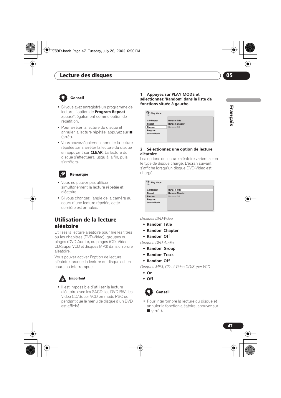 Utilisation de la lecture aléatoire, Lecture des disques 05, Français | Pioneer DV-989AVi-S User Manual | Page 47 / 204
