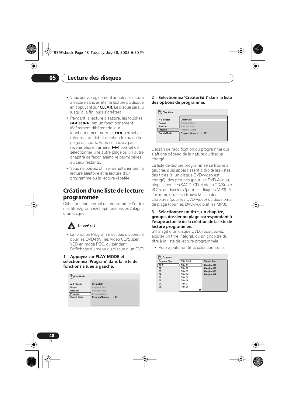 Création d’une liste de lecture programmée, Lecture des disques 05 | Pioneer DV-989AVi-S User Manual | Page 48 / 204