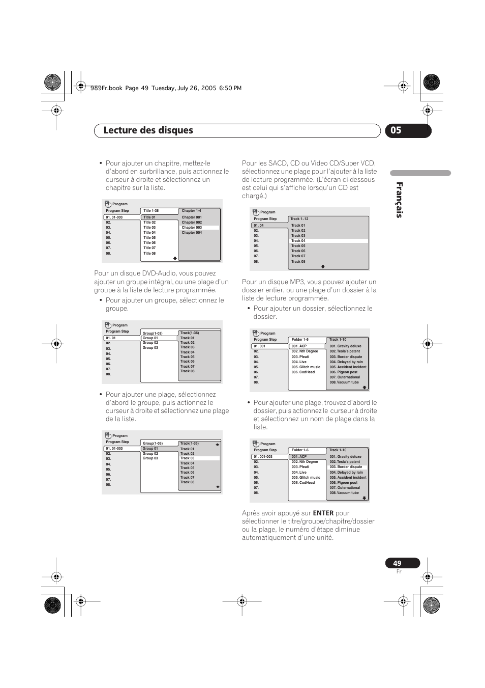 Lecture des disques 05, Français, Enter | Pioneer DV-989AVi-S User Manual | Page 49 / 204