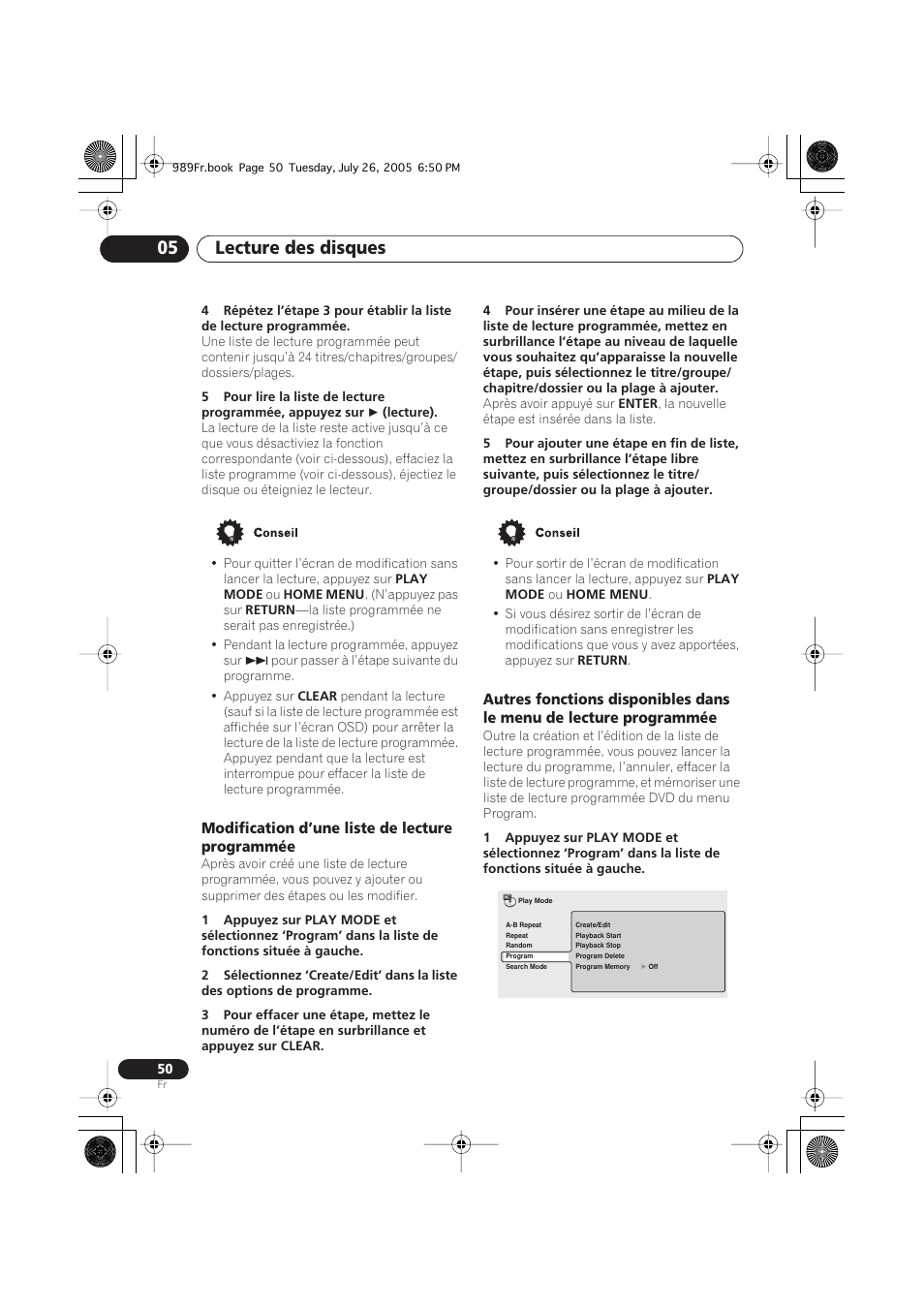 Modification d’une liste de lecture programmée, Lecture des disques 05 | Pioneer DV-989AVi-S User Manual | Page 50 / 204