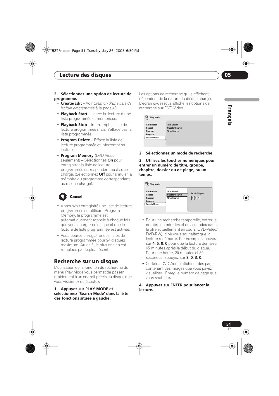 Recherche sur un disque, Lecture des disques 05 | Pioneer DV-989AVi-S User Manual | Page 51 / 204