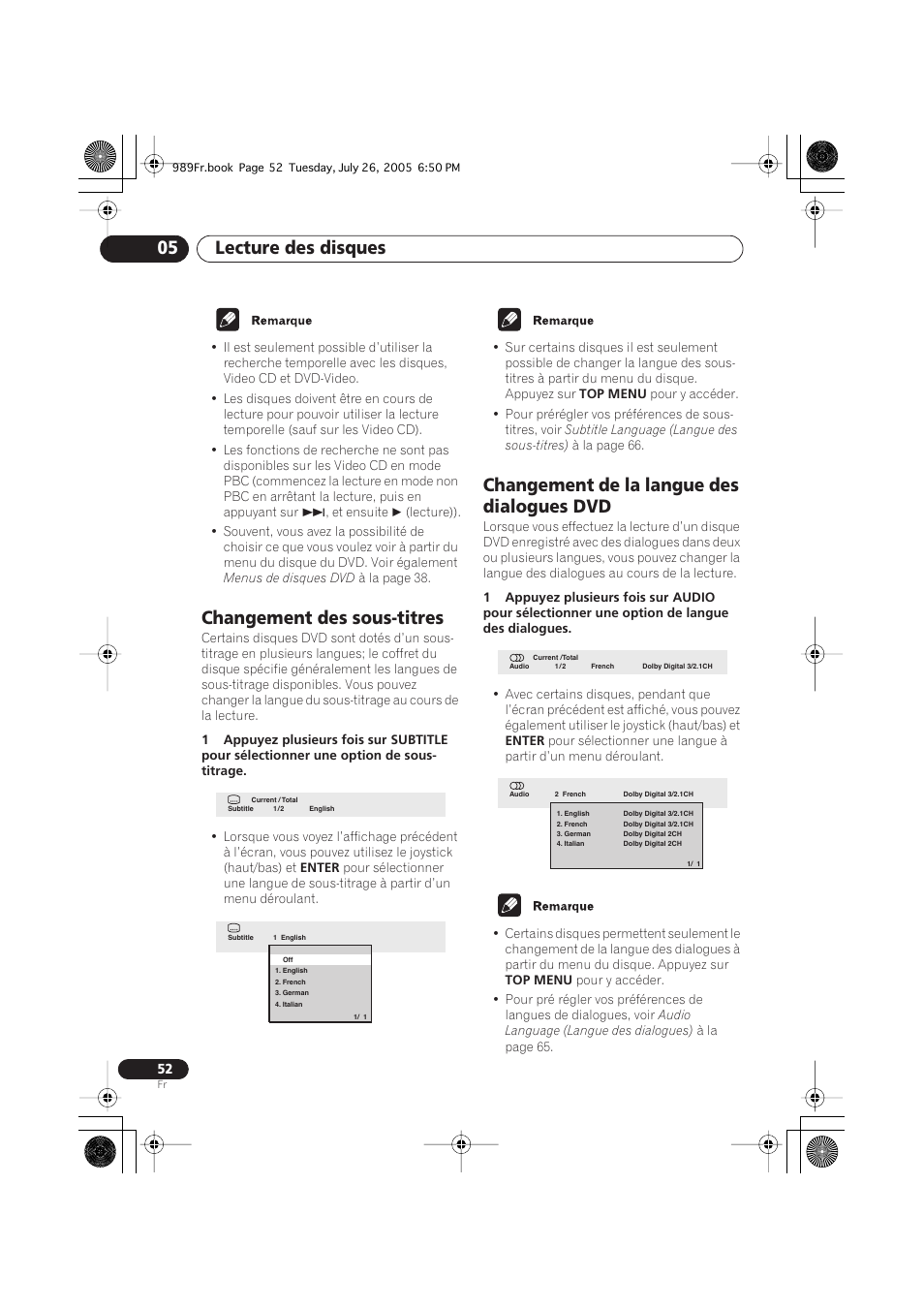 Changement des sous-titres, Changement de la langue des dialogues dvd, Lecture des disques 05 | Pioneer DV-989AVi-S User Manual | Page 52 / 204