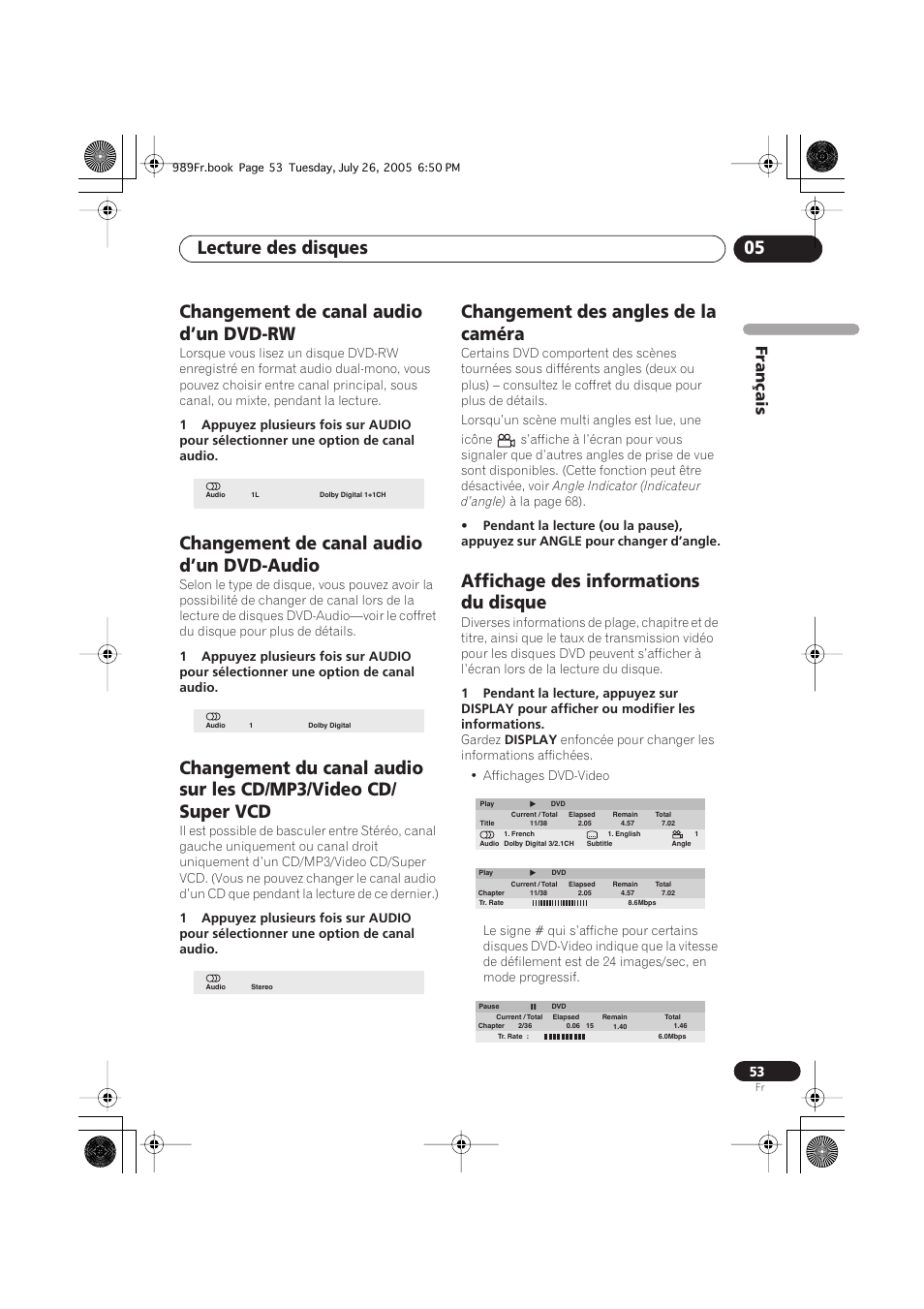 Changement de canal audio d’un dvd-rw, Changement de canal audio d’un dvd-audio, Changement des angles de la caméra | Affichage des informations du disque, Lecture des disques 05, Français | Pioneer DV-989AVi-S User Manual | Page 53 / 204