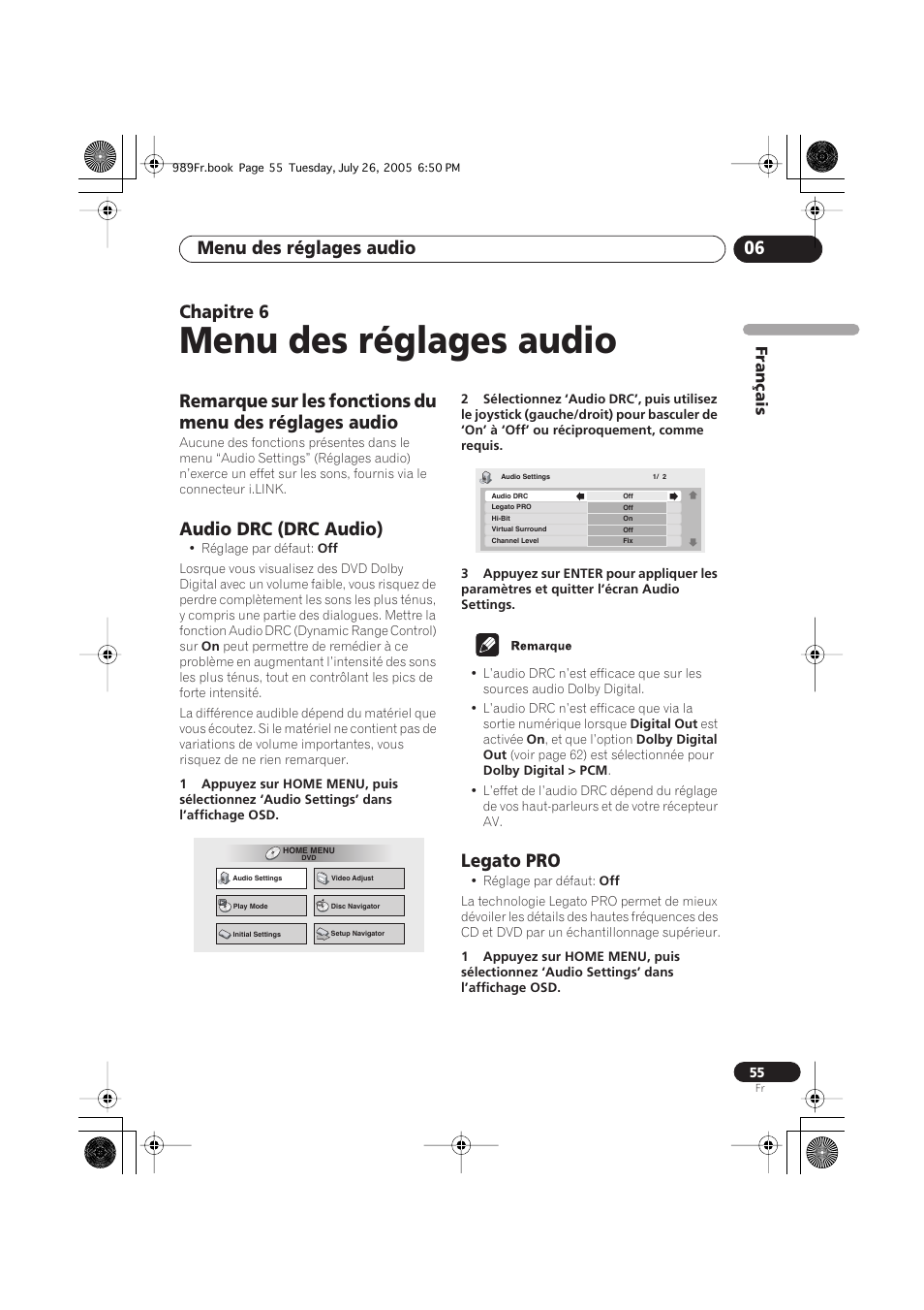 06 menu des réglages audio, Audio drc (drc audio), Legato pro | Menu des réglages audio, Menu des réglages audio 06, Chapitre 6 | Pioneer DV-989AVi-S User Manual | Page 55 / 204