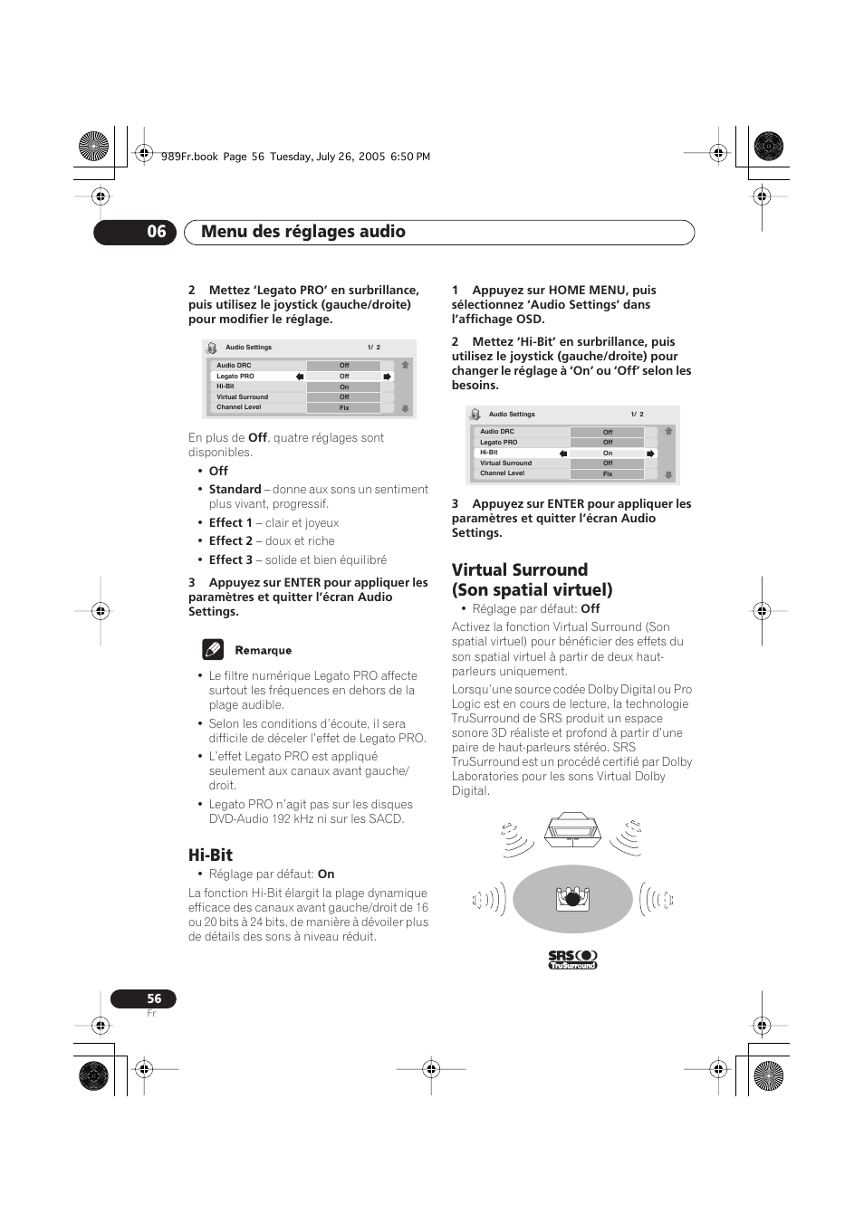 Hi-bit, Virtual surround (son spatial virtuel), Menu des réglages audio 06 | Pioneer DV-989AVi-S User Manual | Page 56 / 204