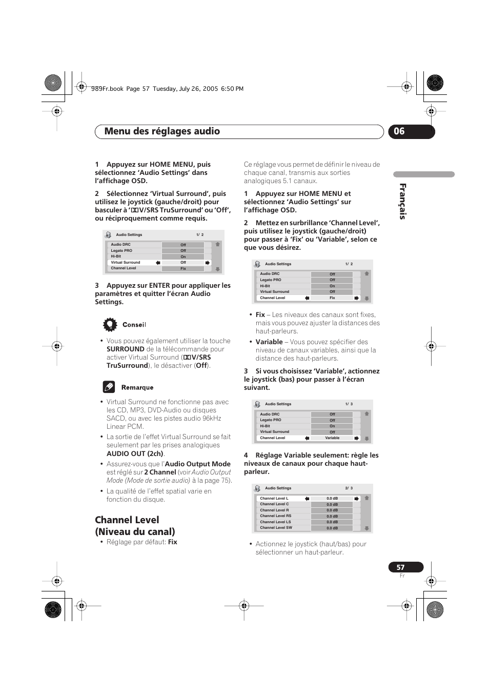 Channel level (niveau du canal), Menu des réglages audio 06, Français | Pioneer DV-989AVi-S User Manual | Page 57 / 204
