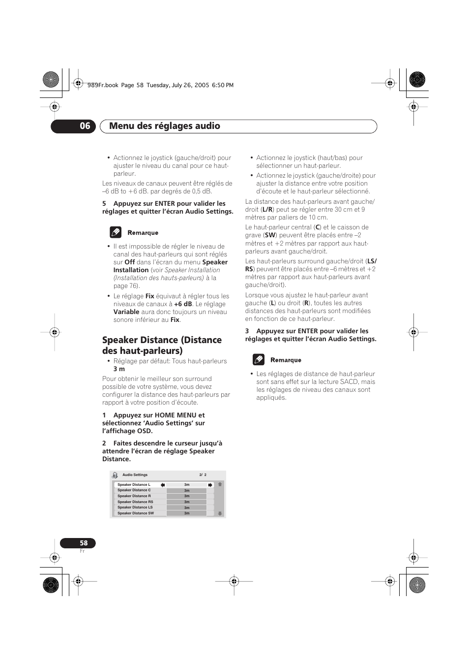 Speaker distance (distance des haut-parleurs), Menu des réglages audio 06 | Pioneer DV-989AVi-S User Manual | Page 58 / 204