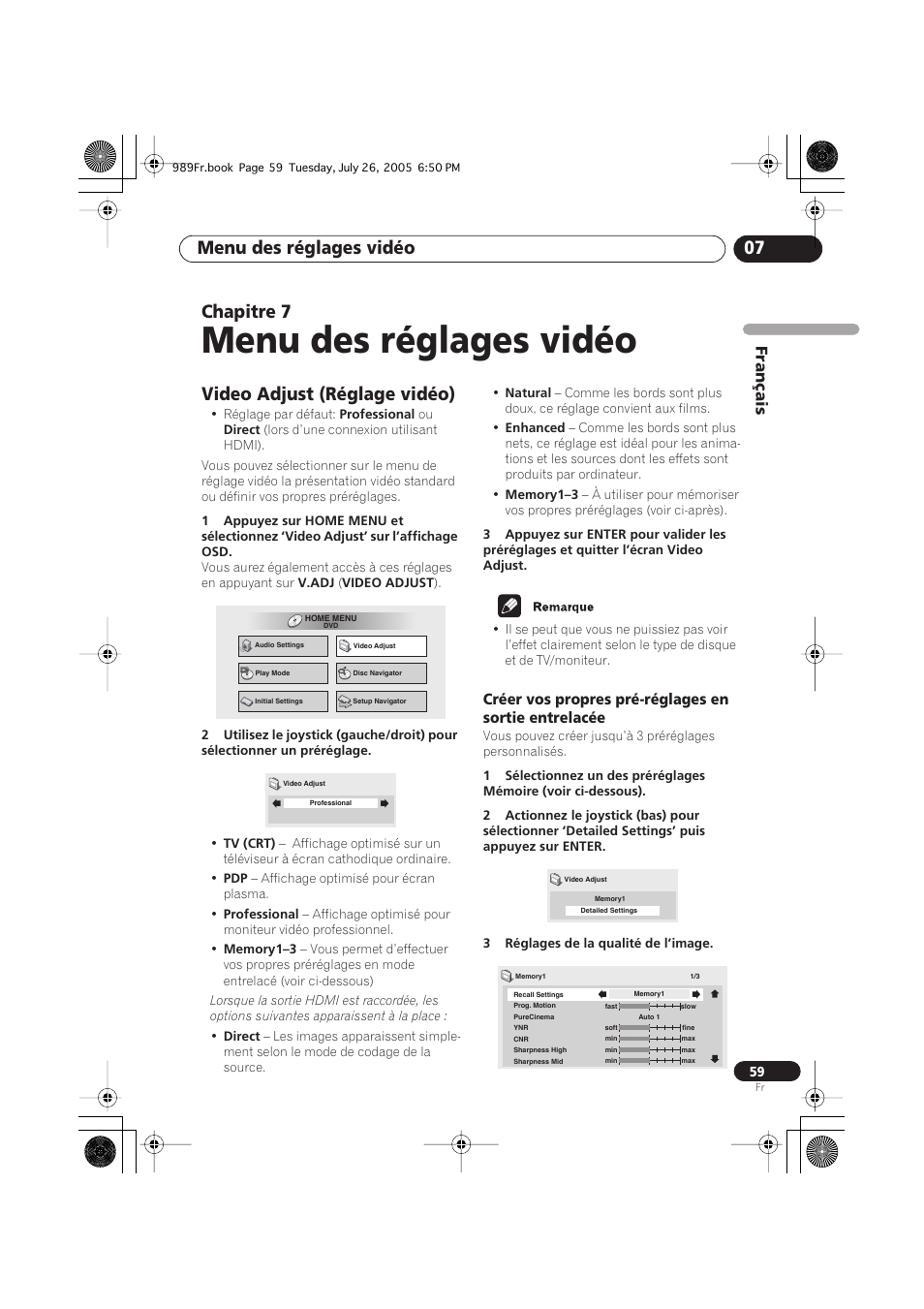 07 menu des réglages vidéo, Video adjust (réglage vidéo), Menu des réglages vidéo | Menu des réglages vidéo 07, Chapitre 7, Français | Pioneer DV-989AVi-S User Manual | Page 59 / 204