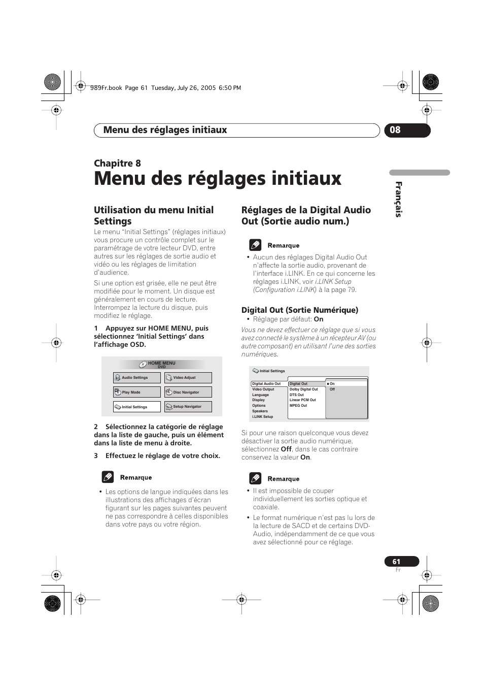 08 menu des réglages initiaux, Utilisation du menu initial settings, Digital out (sortie numérique) | Menu des réglages initiaux, Menu des réglages initiaux 08, Chapitre 8 | Pioneer DV-989AVi-S User Manual | Page 61 / 204