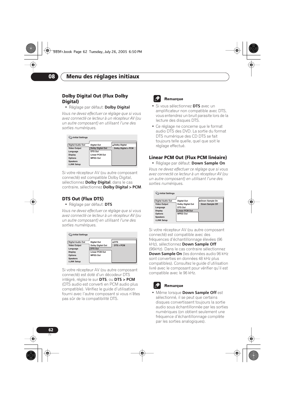 Dolby digital out (flux dolby digital), Dts out (flux dts), Linear pcm out (flux pcm linéaire) | Menu des réglages initiaux 08 | Pioneer DV-989AVi-S User Manual | Page 62 / 204