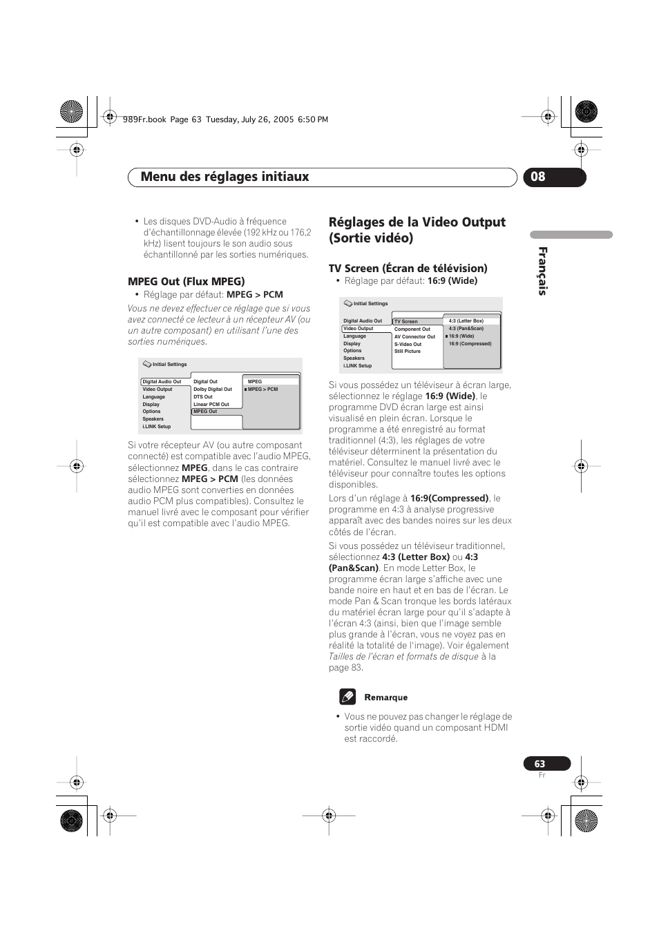 Mpeg out (flux mpeg), Réglages de la video output (sortie vidéo), Tv screen (écran de télévision) | Menu des réglages initiaux 08, Français | Pioneer DV-989AVi-S User Manual | Page 63 / 204