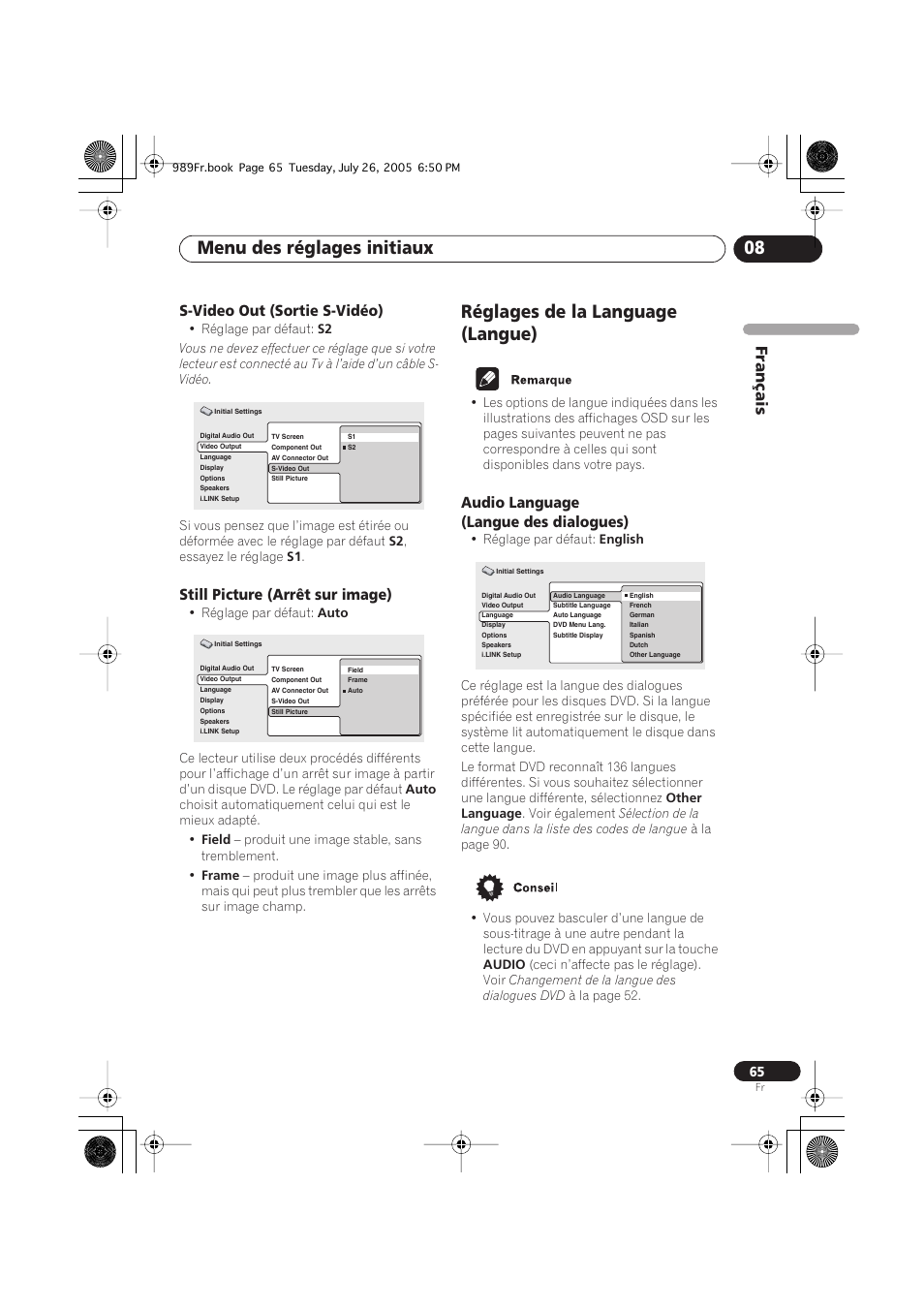 S-video out (sortie s-vidéo), Still picture (arrêt sur image), Réglages de la language (langue) | Audio language (langue des dialogues), Menu des réglages initiaux 08, Français | Pioneer DV-989AVi-S User Manual | Page 65 / 204