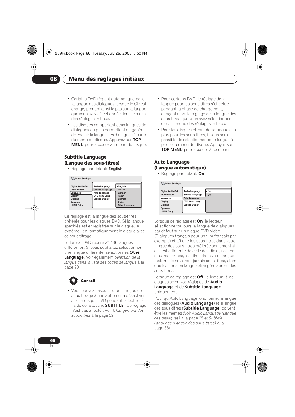 Subtitle language (langue des sous-titres), Auto language (langue automatique), Menu des réglages initiaux 08 | Pioneer DV-989AVi-S User Manual | Page 66 / 204