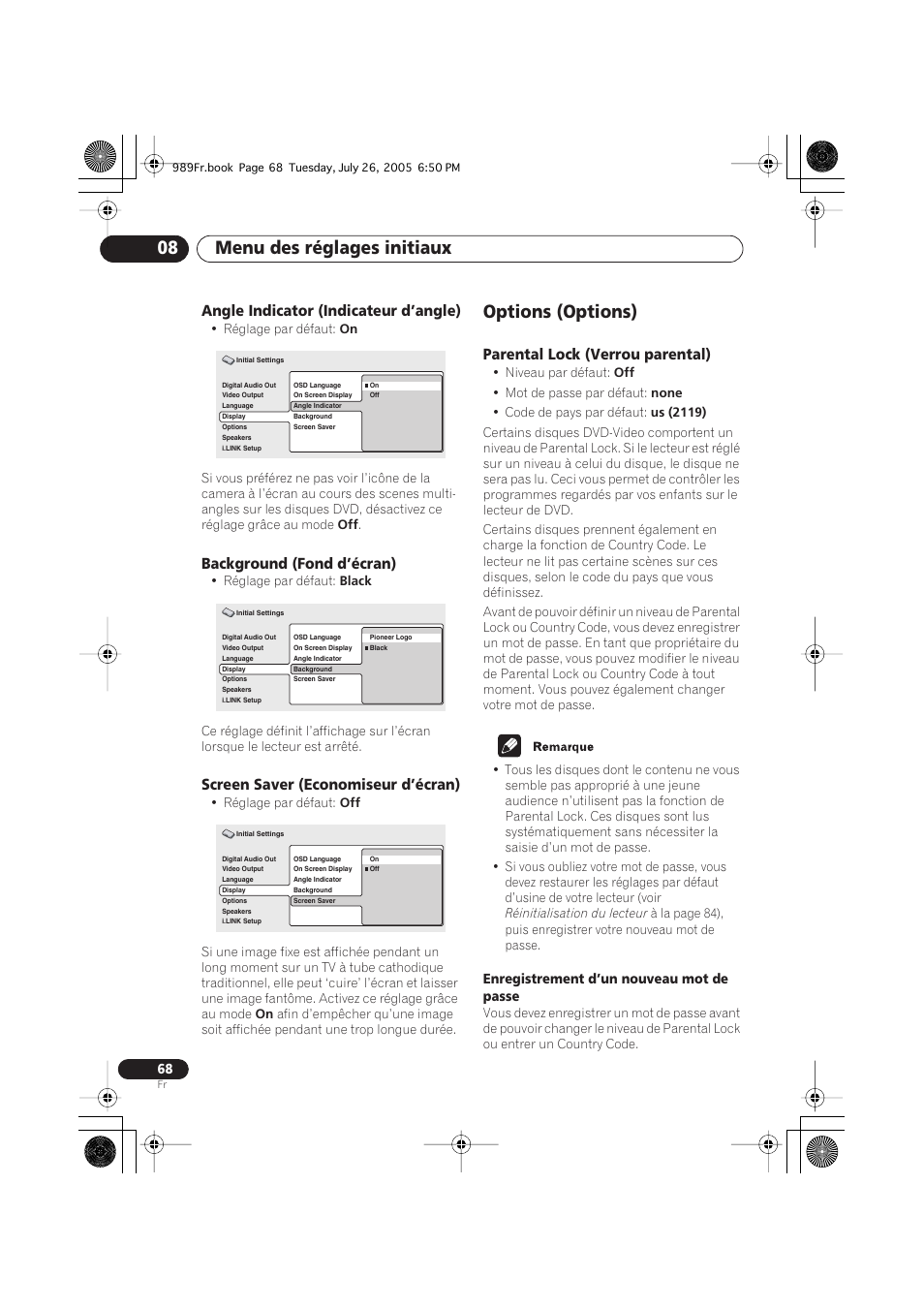 Angle indicator (indicateur d’angle), Background (fond d’écran), Screen saver (economiseur d’écran) | Options (options), Parental lock (verrou parental), Menu des réglages initiaux 08 | Pioneer DV-989AVi-S User Manual | Page 68 / 204