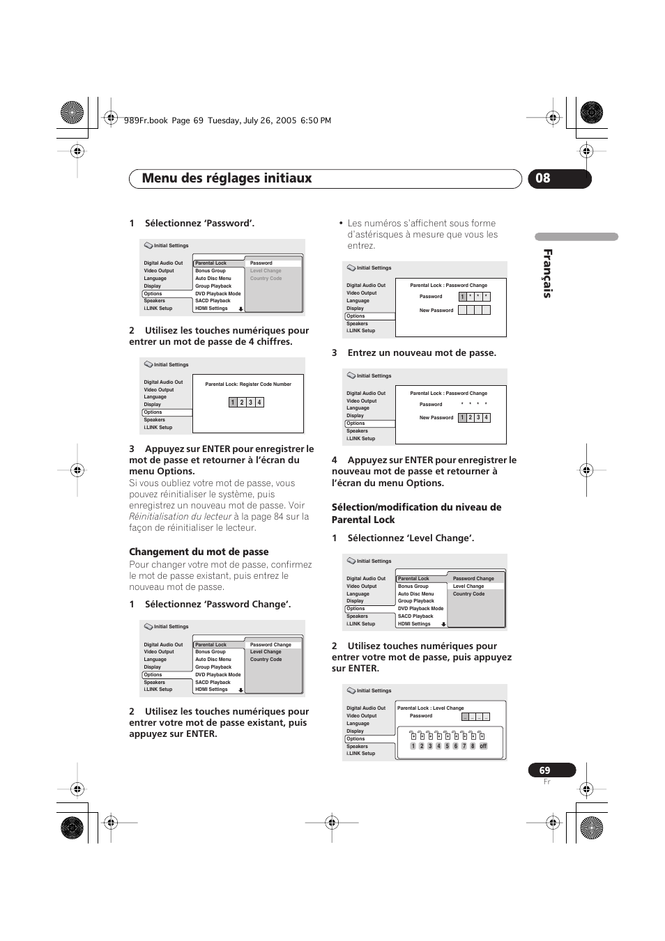 Menu des réglages initiaux 08, Français, Changement du mot de passe | Sélection/modification du niveau de parental lock, Réinitialisation du lecteur | Pioneer DV-989AVi-S User Manual | Page 69 / 204