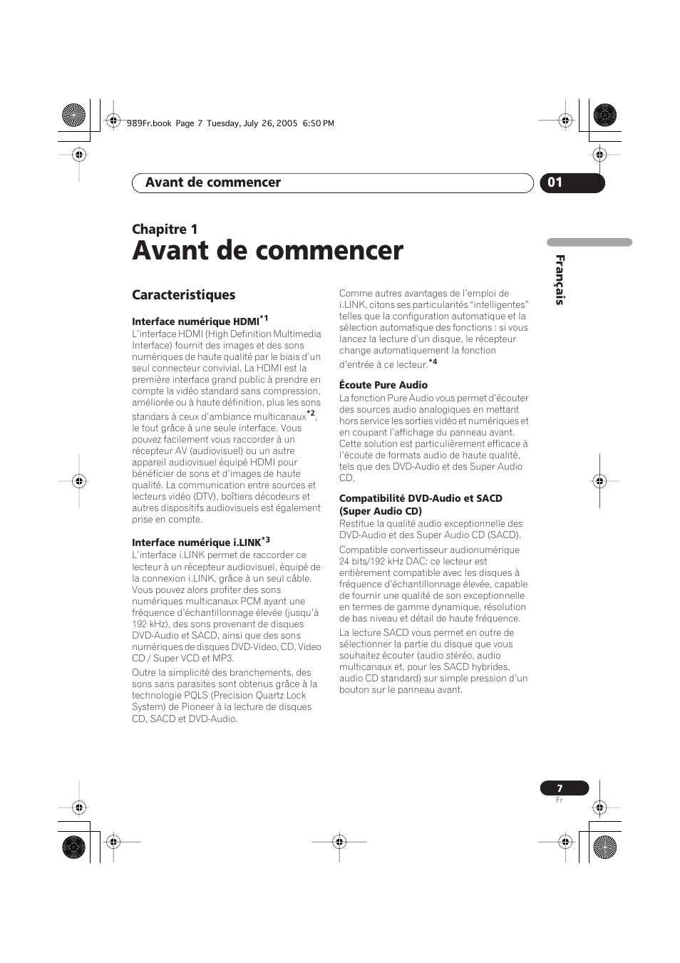 01 avant de commencer, Caracteristiques, Avant de commencer | Avant de commencer 01, Chapitre 1 | Pioneer DV-989AVi-S User Manual | Page 7 / 204