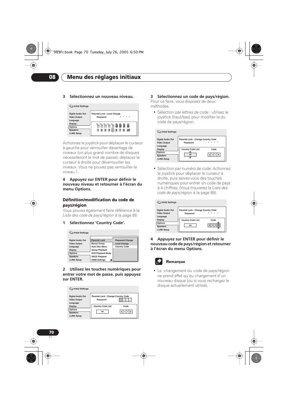 Menu des réglages initiaux 08, Définition/modification du code de pays/région | Pioneer DV-989AVi-S User Manual | Page 70 / 204