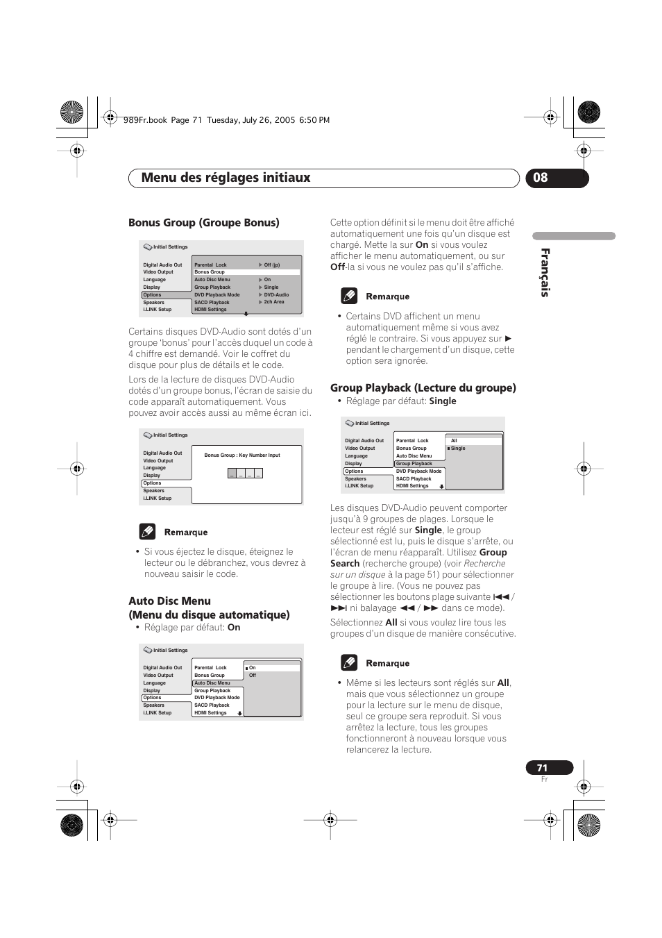 Bonus group (groupe bonus), Auto disc menu (menu du disque automatique), Group playback (lecture du groupe) | Menu des réglages initiaux 08, Français | Pioneer DV-989AVi-S User Manual | Page 71 / 204