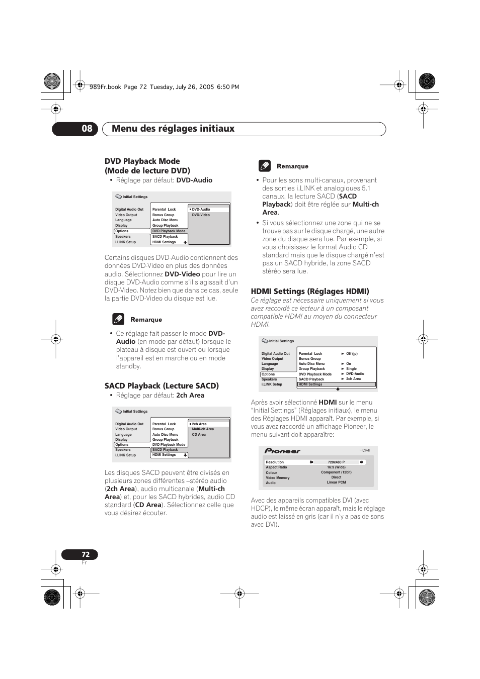 Dvd playback mode (mode de lecture dvd), Sacd playback (lecture sacd), Hdmi settings (réglages hdmi) | Menu des réglages initiaux 08 | Pioneer DV-989AVi-S User Manual | Page 72 / 204