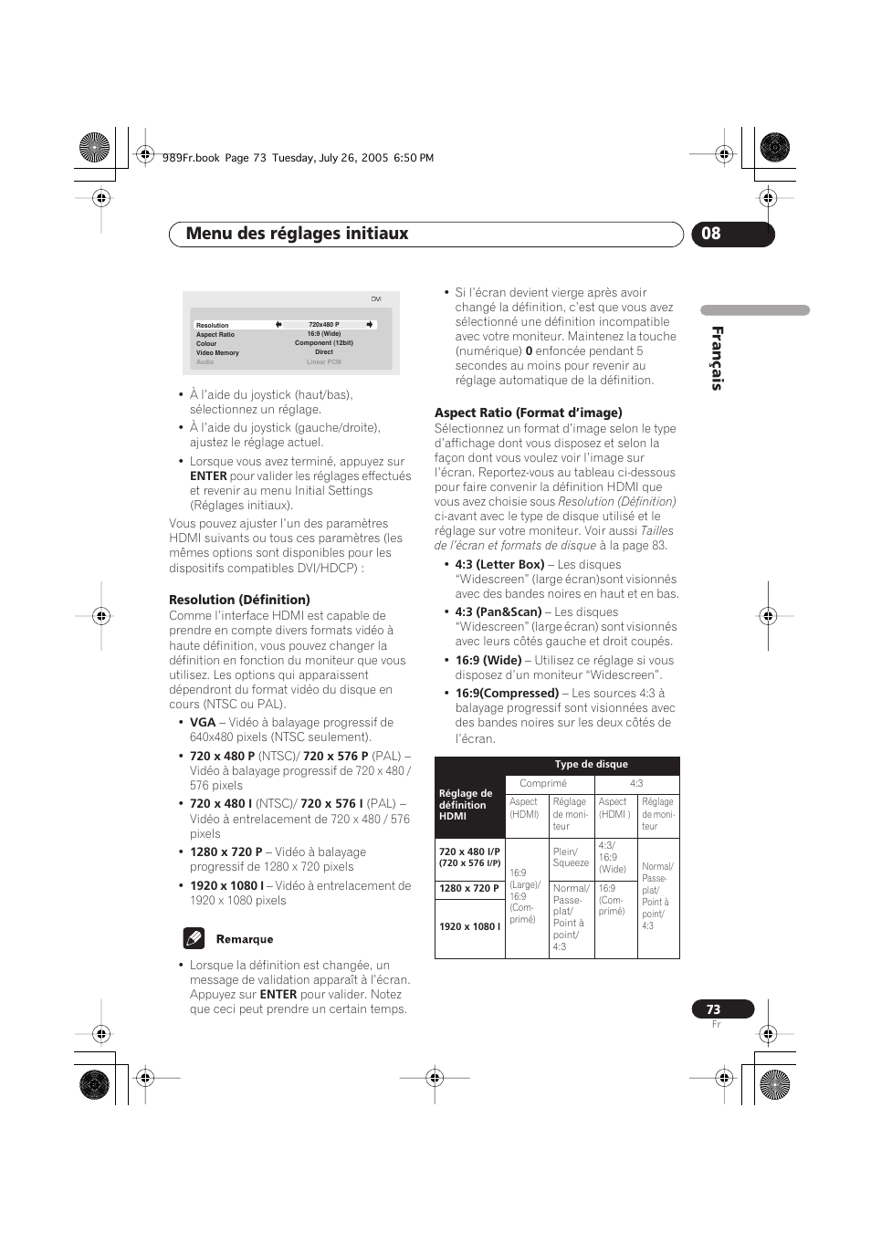 Menu des réglages initiaux 08 | Pioneer DV-989AVi-S User Manual | Page 73 / 204