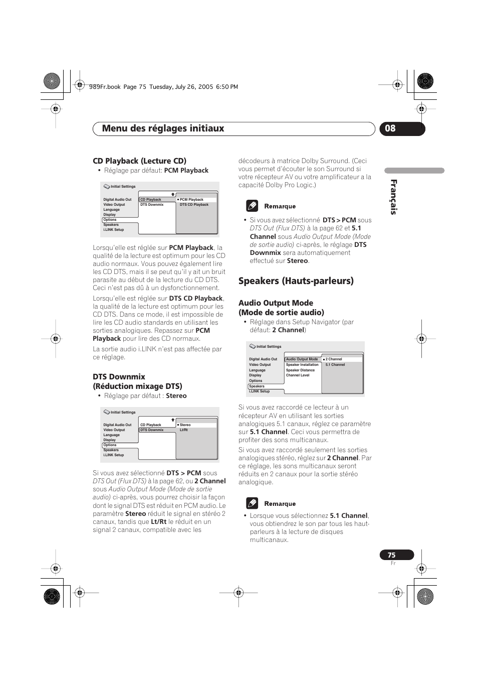 Cd playback (lecture cd), Dts downmix (réduction mixage dts), Speakers (hauts-parleurs) | Audio output mode (mode de sortie audio), Menu des réglages initiaux 08 | Pioneer DV-989AVi-S User Manual | Page 75 / 204