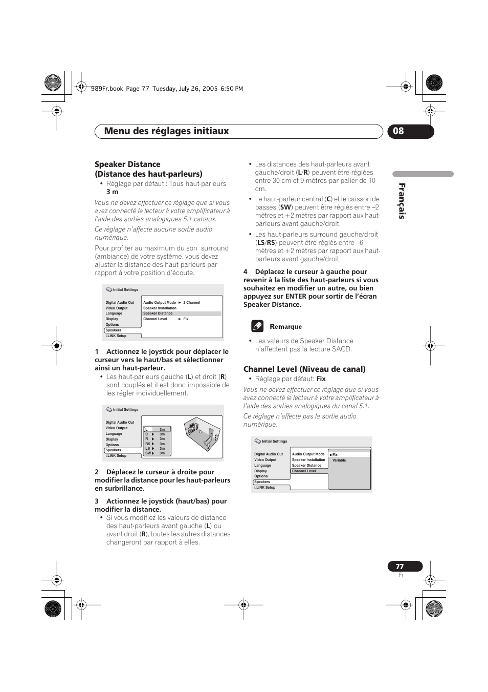 Speaker distance (distance des haut-parleurs), Channel level (niveau de canal), Menu des réglages initiaux 08 | Français | Pioneer DV-989AVi-S User Manual | Page 77 / 204