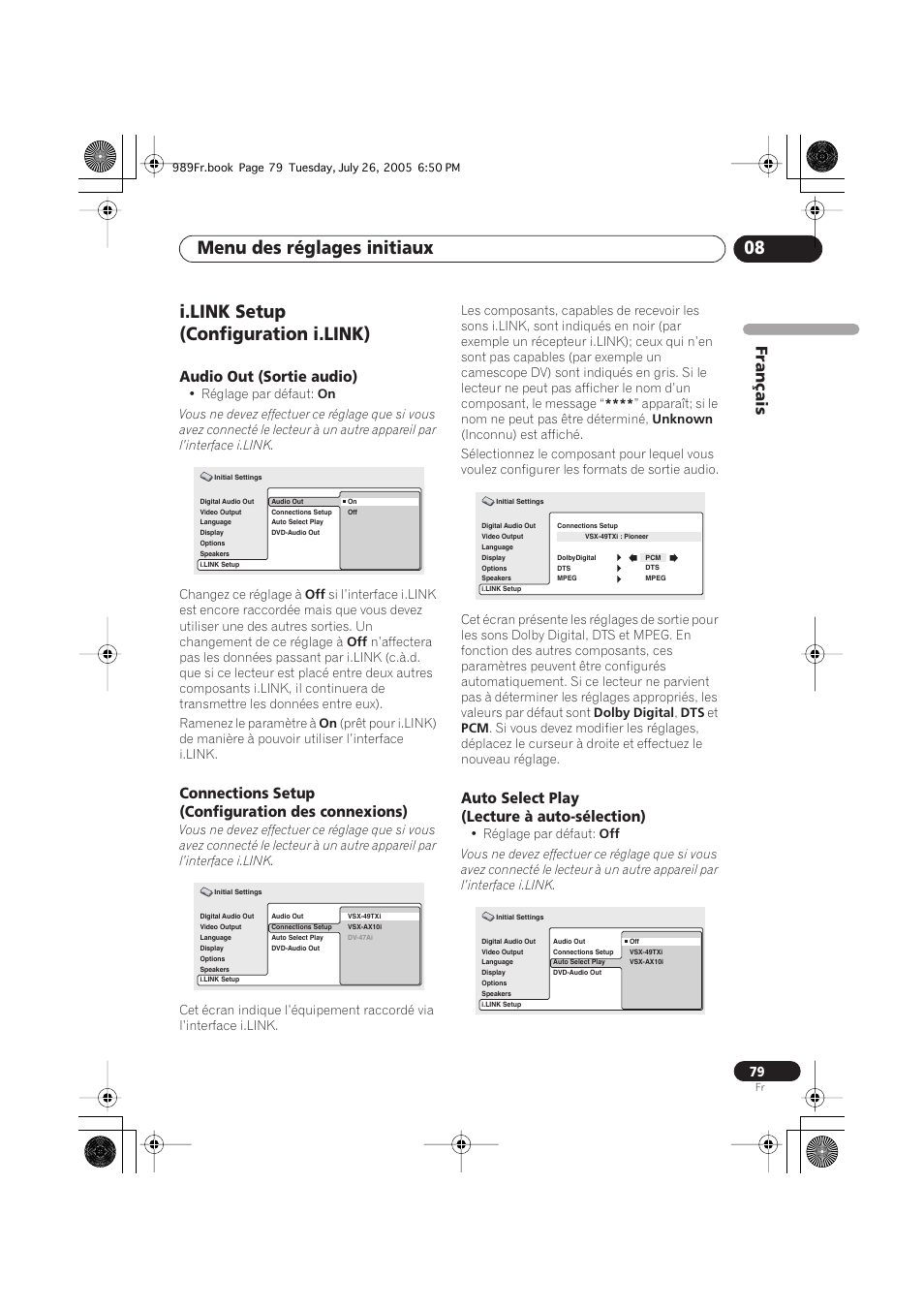 I.link setup (configuration i.link), Audio out (sortie audio), Connections setup (configuration des connexions) | Auto select play (lecture à auto-sélection), Menu des réglages initiaux 08, Français | Pioneer DV-989AVi-S User Manual | Page 79 / 204