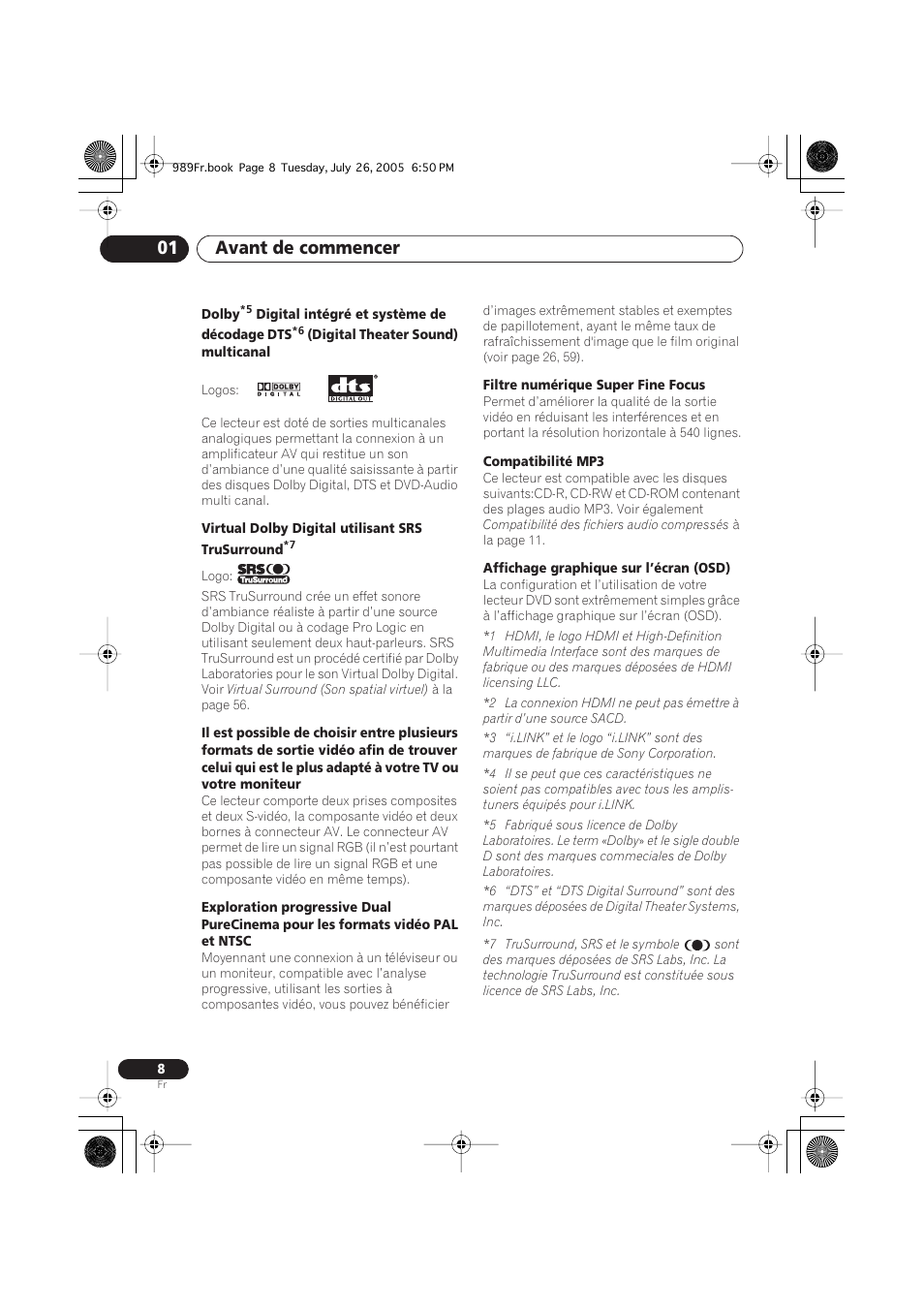Avant de commencer 01 | Pioneer DV-989AVi-S User Manual | Page 8 / 204
