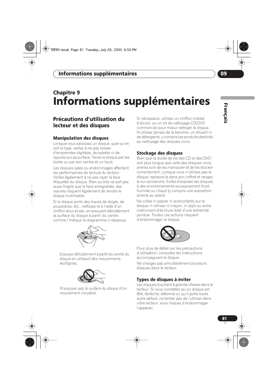 09 informations supplémentaires, Manipulation des disques, Stockage des disques | Types de disques à éviter, Informations supplémentaires | Pioneer DV-989AVi-S User Manual | Page 81 / 204