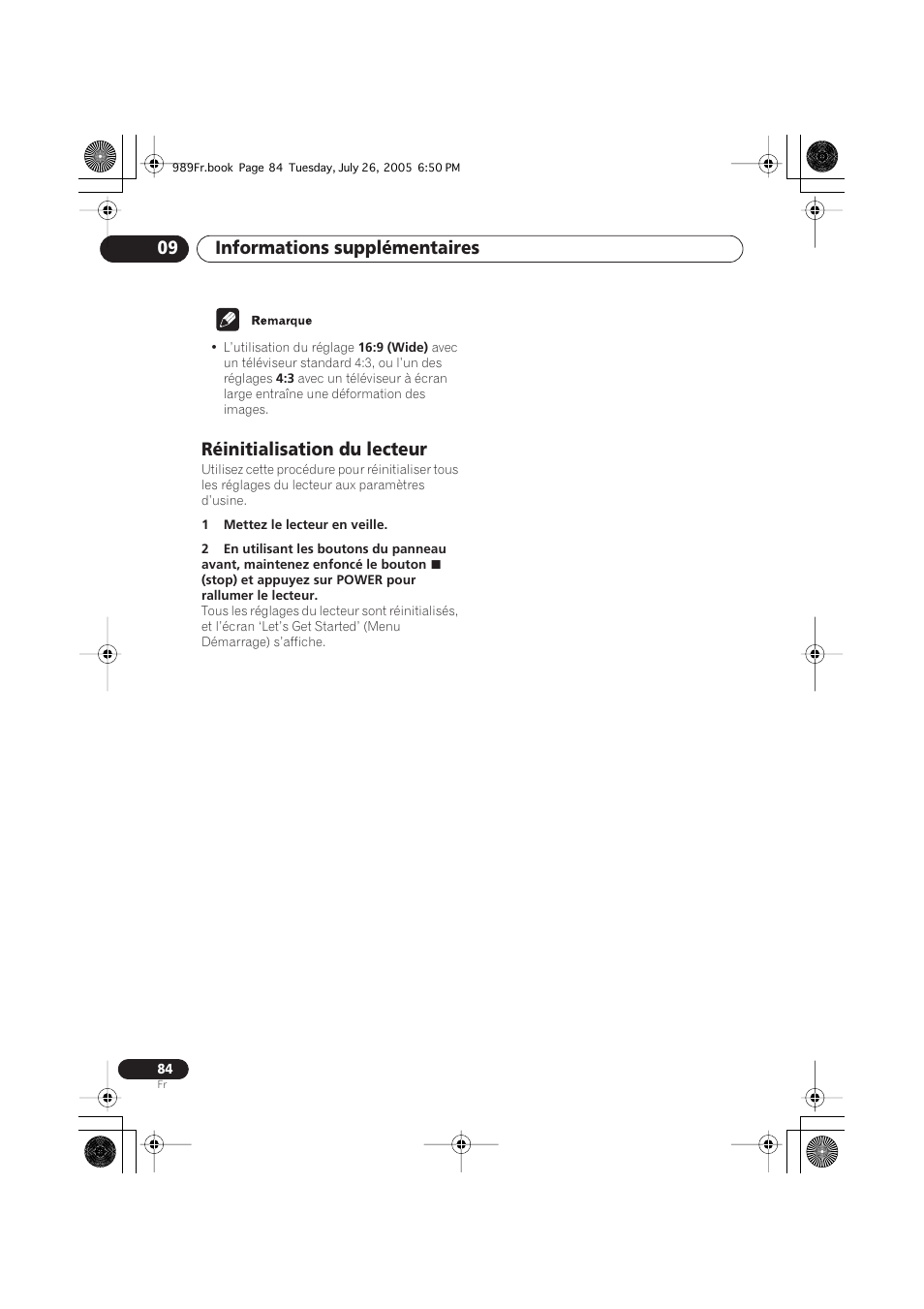 Réinitialisation du lecteur, Informations supplémentaires 09 | Pioneer DV-989AVi-S User Manual | Page 84 / 204