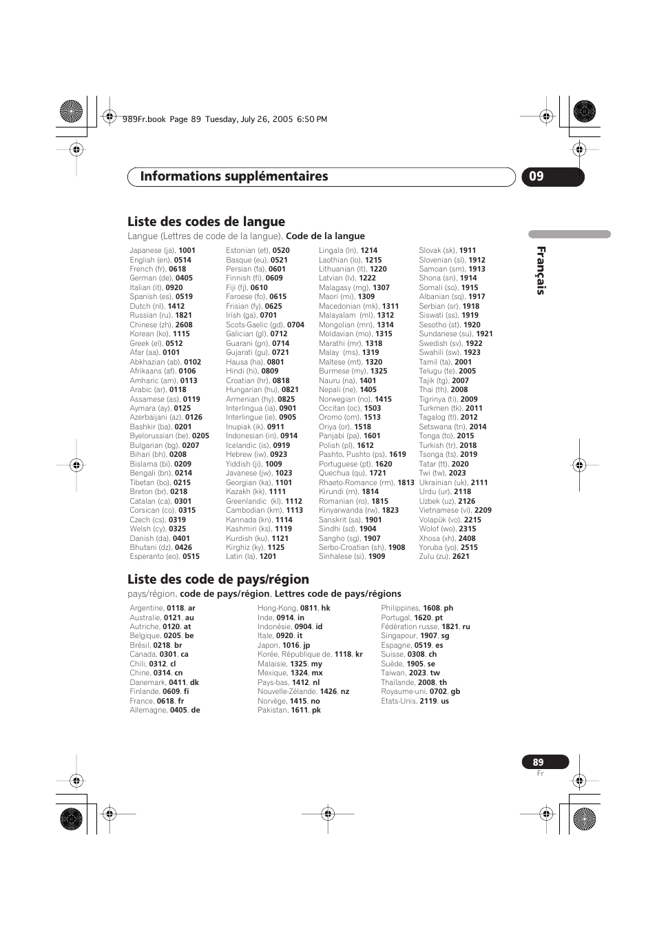 Liste des codes de langue, Liste des code de pays/région, Informations supplémentaires 09 | Français | Pioneer DV-989AVi-S User Manual | Page 89 / 204