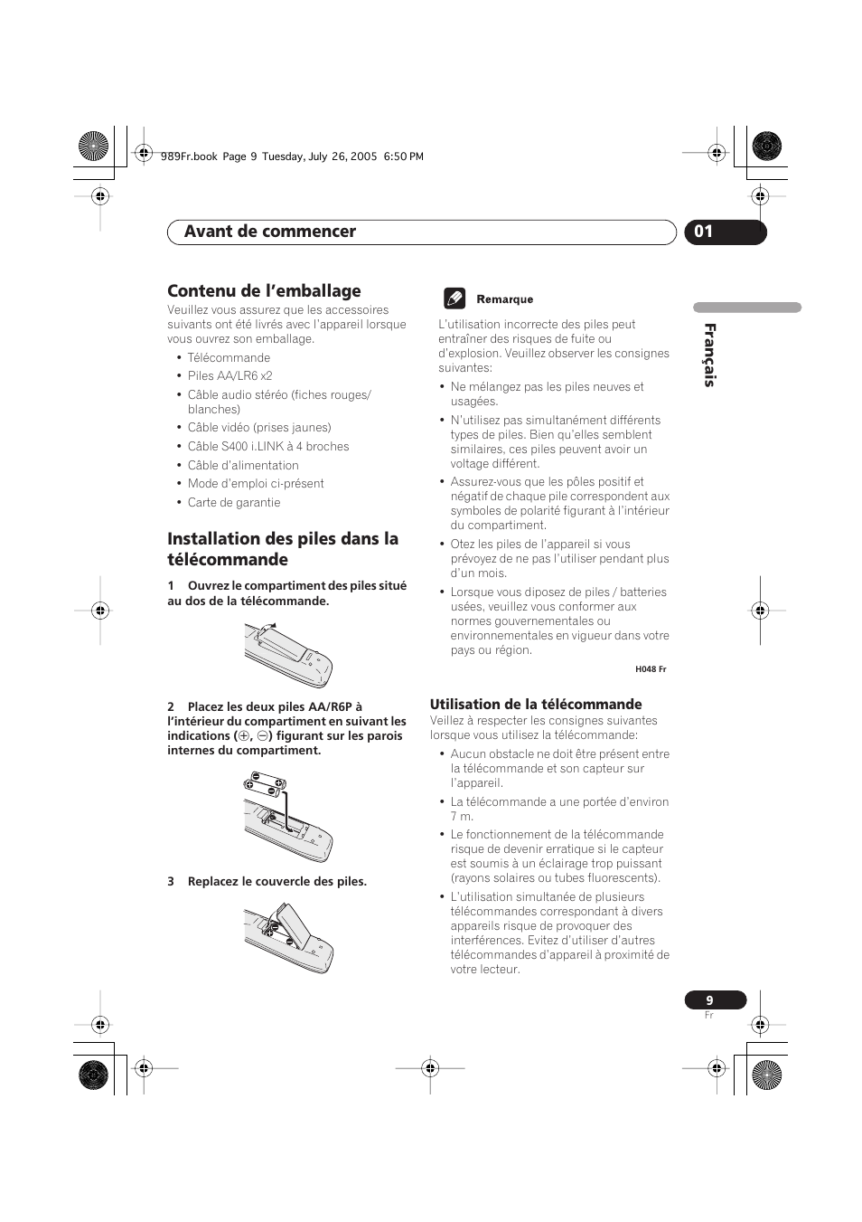 Contenu de l’emballage, Installation des piles dans la télécommande, Utilisation de la télécommande | Avant de commencer 01 | Pioneer DV-989AVi-S User Manual | Page 9 / 204