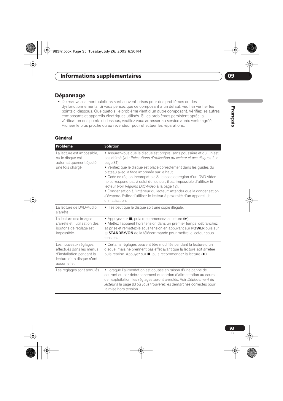 Dépannage, Général, Informations supplémentaires 09 | Pioneer DV-989AVi-S User Manual | Page 93 / 204