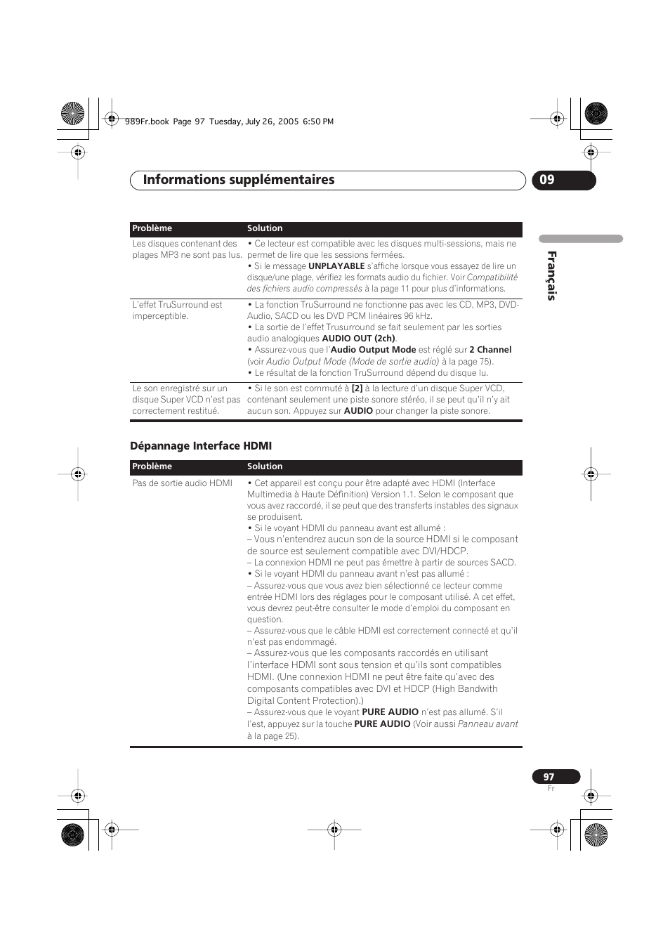 Dépannage interface hdmi, Informations supplémentaires 09 | Pioneer DV-989AVi-S User Manual | Page 97 / 204