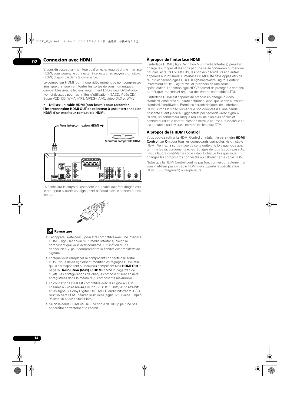 Connexion avec hdmi | Pioneer DV-LX50 User Manual | Page 14 / 94