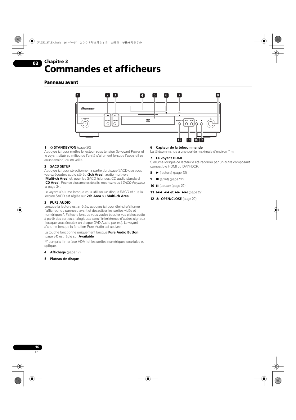03 commandes et afficheurs, Panneau avant, Commandes et afficheurs | Chapitre 3 | Pioneer DV-LX50 User Manual | Page 16 / 94