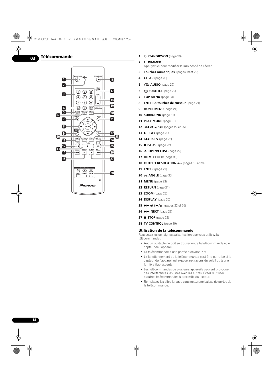 Télécommande | Pioneer DV-LX50 User Manual | Page 18 / 94