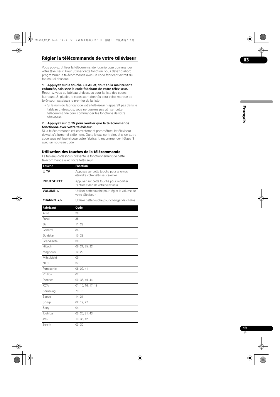 Régler la télécommande de votre téléviseur | Pioneer DV-LX50 User Manual | Page 19 / 94