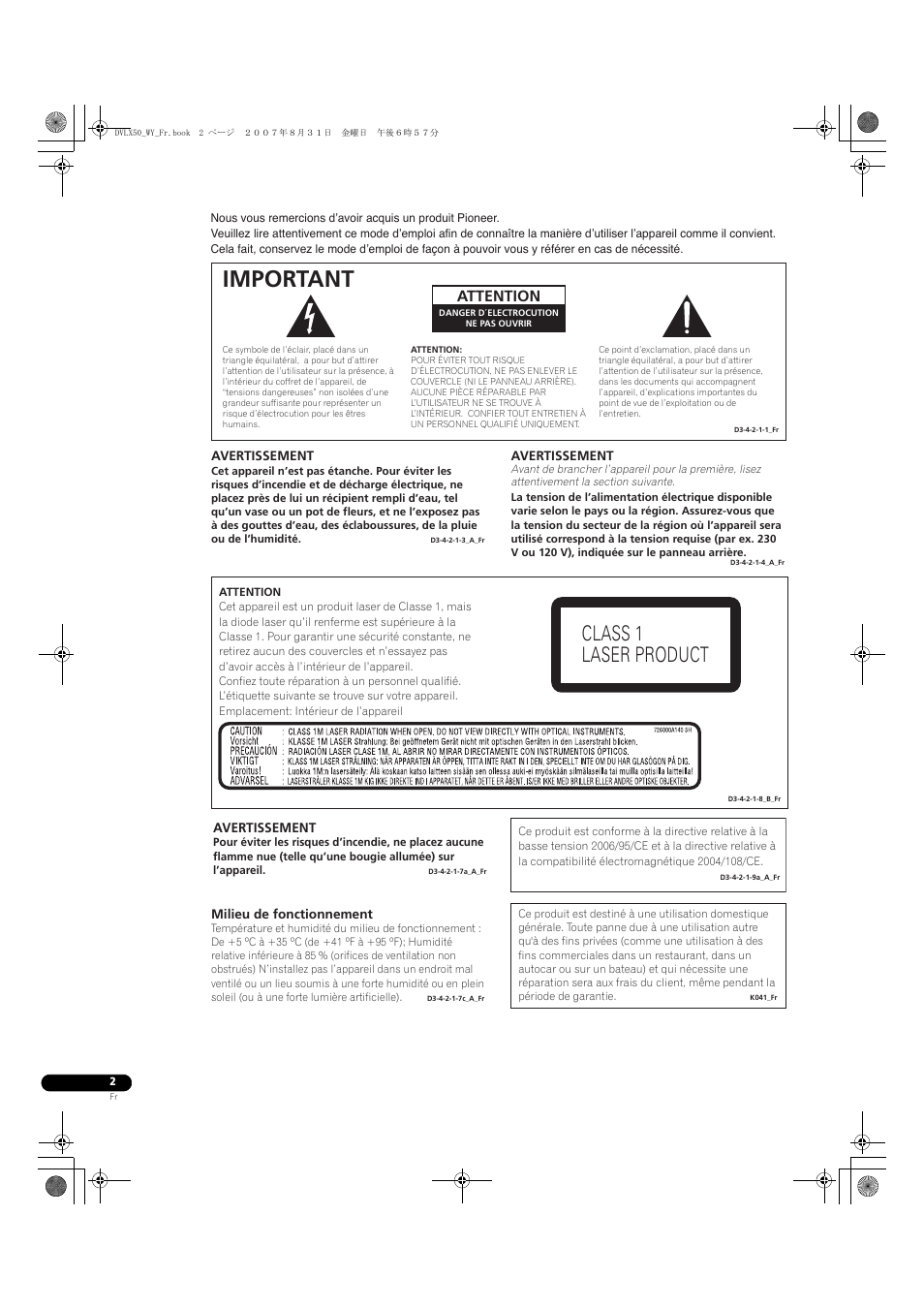 Important, Attention | Pioneer DV-LX50 User Manual | Page 2 / 94