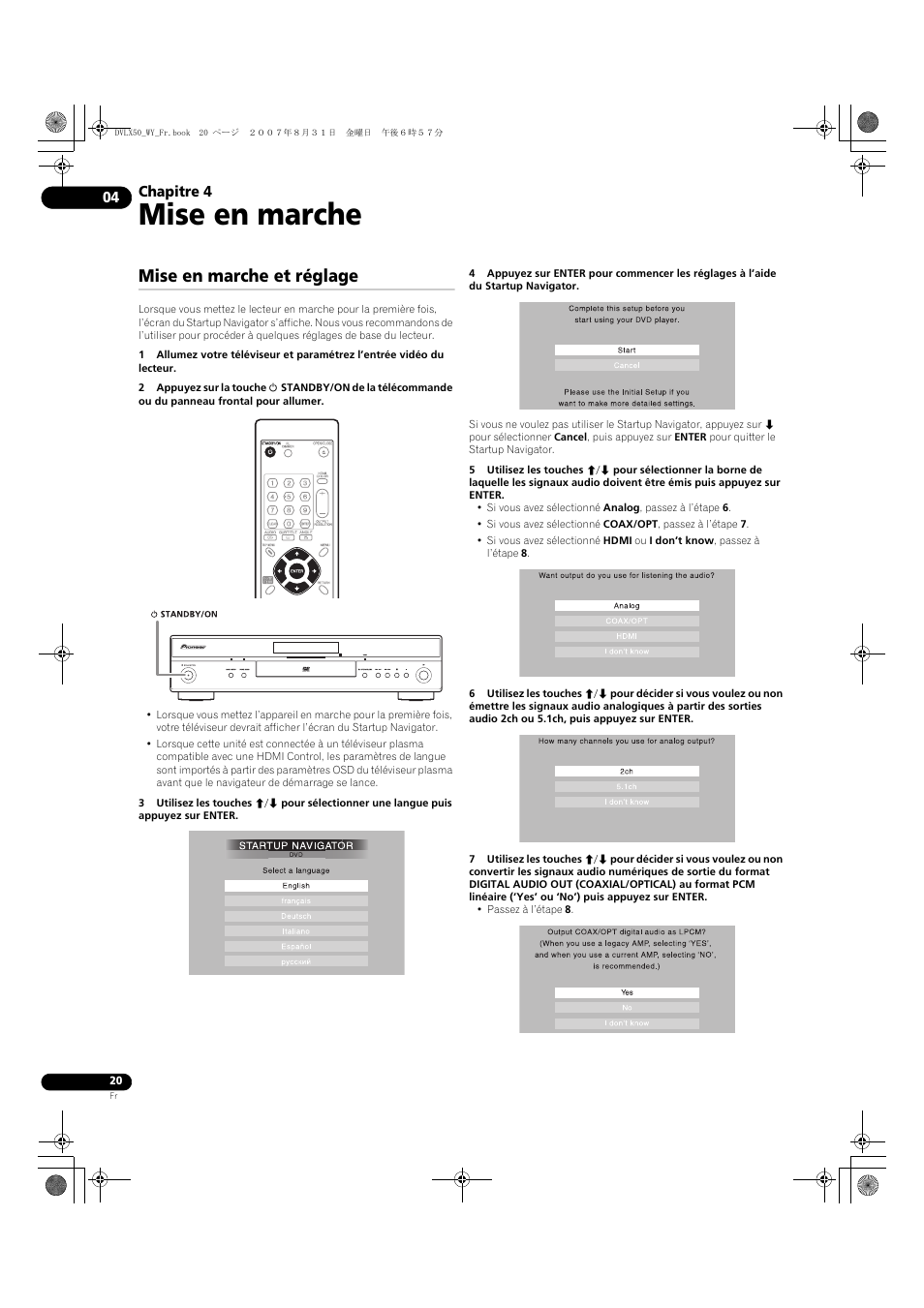 04 mise en marche, Mise en marche et réglage, Mise en marche | Pioneer DV-LX50 User Manual | Page 20 / 94