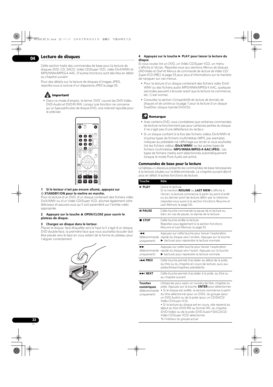 Lecture de disques | Pioneer DV-LX50 User Manual | Page 22 / 94