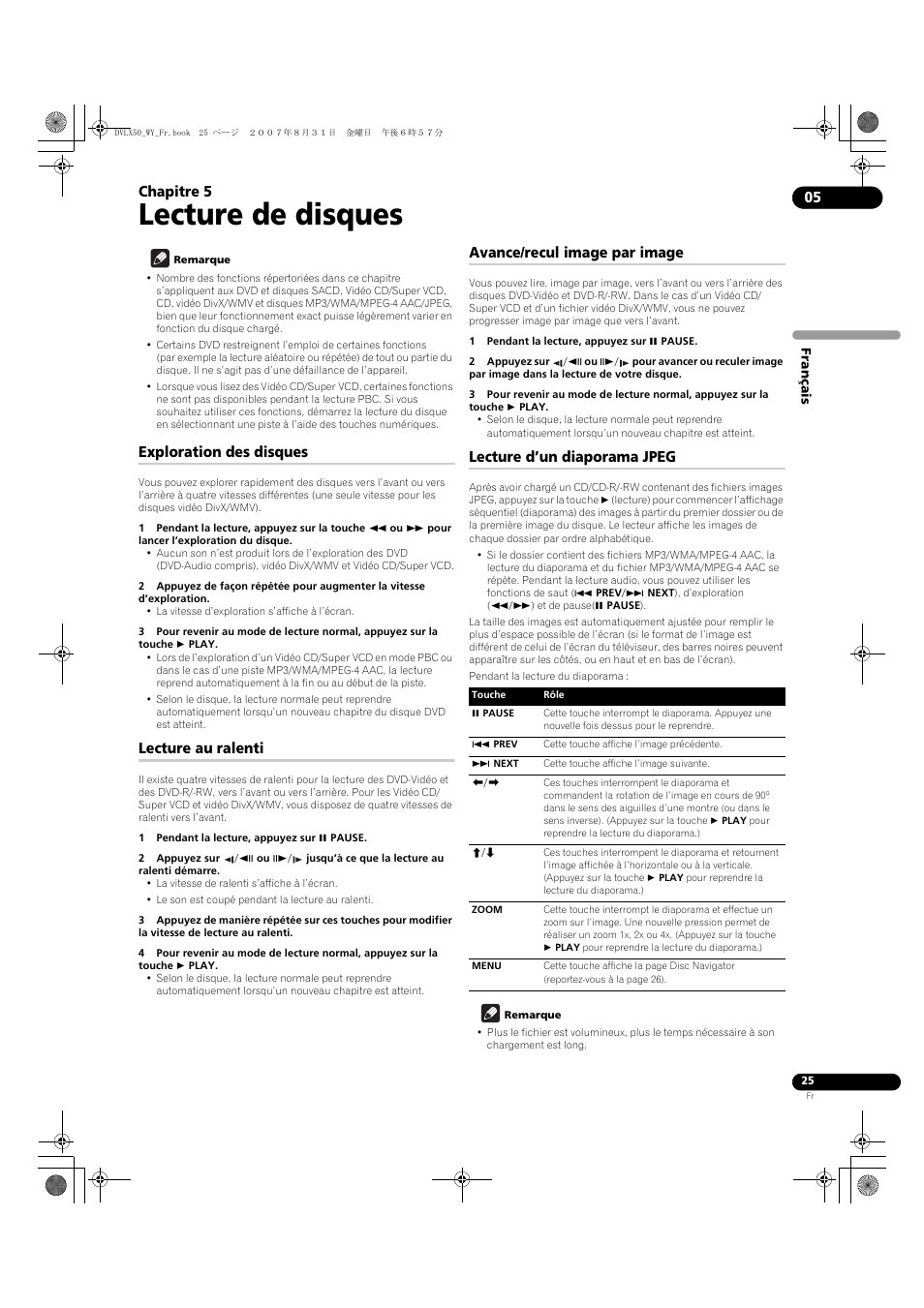 05 lecture de disques, Exploration des disques, Lecture au ralenti | Avance/recul image par image, Lecture d’un diaporama jpeg, Lecture de disques, Chapitre 5 | Pioneer DV-LX50 User Manual | Page 25 / 94