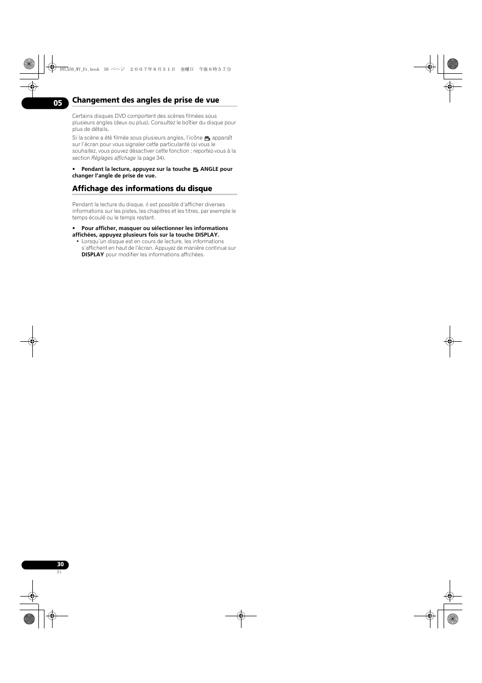 Changement des angles de prise de vue, Affichage des informations du disque | Pioneer DV-LX50 User Manual | Page 30 / 94