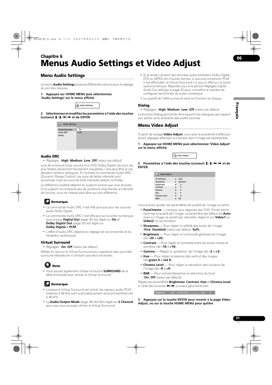 06 menus audio settings et video adjust, Menu audio settings, Menu video adjust | Menus audio settings et video adjust, Chapitre 6 | Pioneer DV-LX50 User Manual | Page 31 / 94