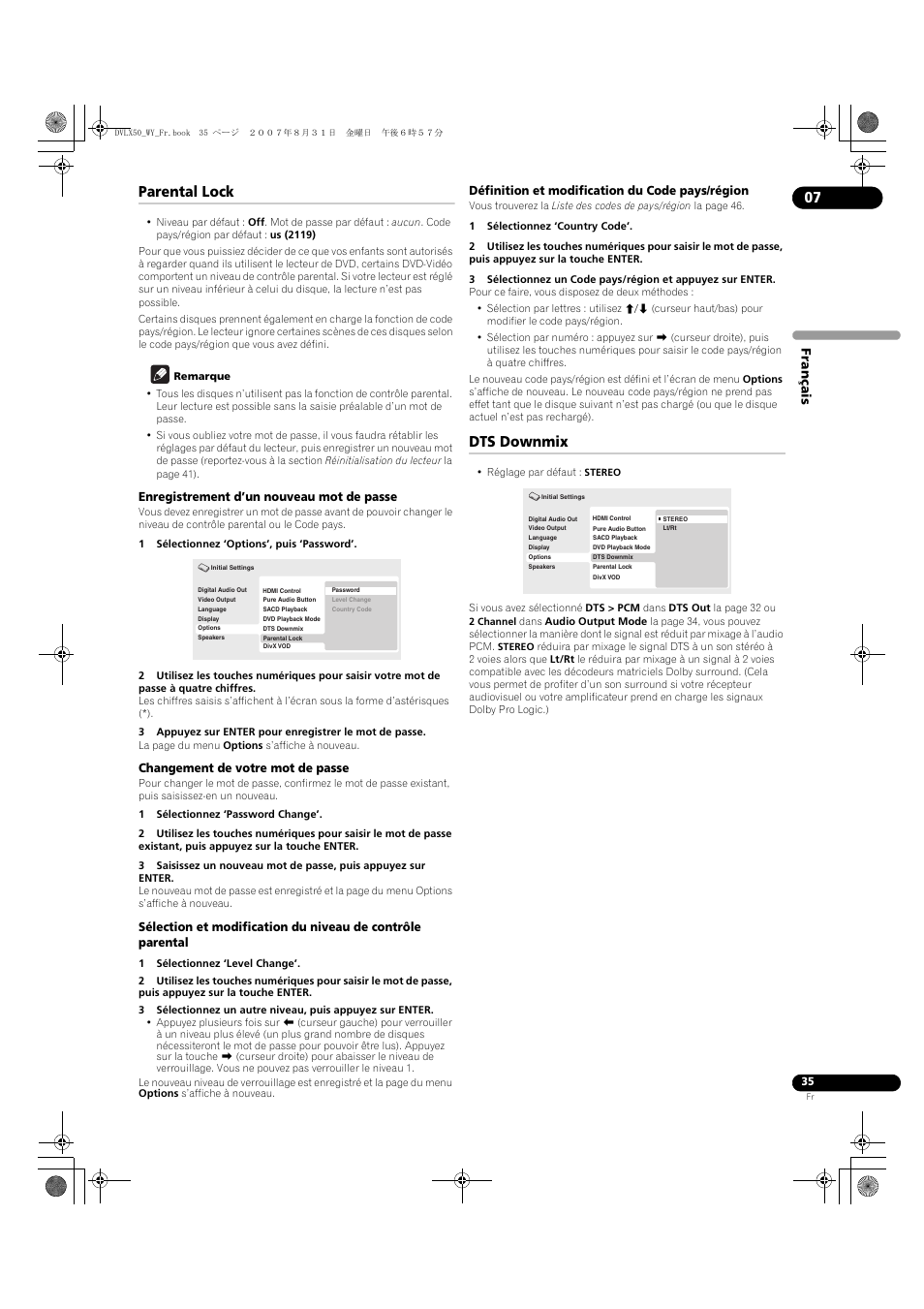 Parental lock, Dts downmix | Pioneer DV-LX50 User Manual | Page 35 / 94